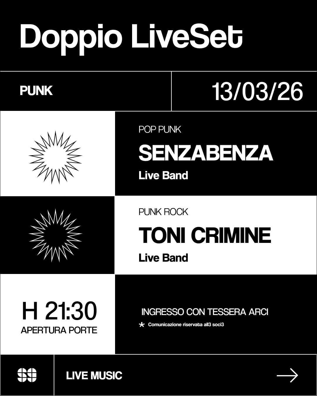 Music SenzaBenza + Toni Crimine Punk Rock 13 marzo 2026