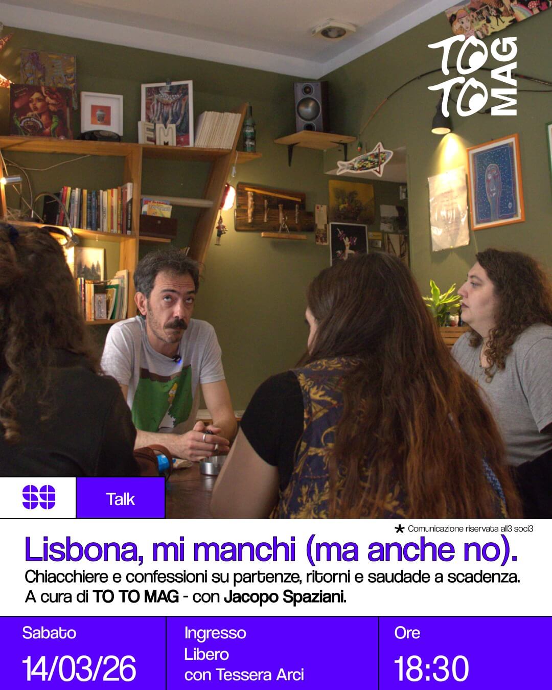 Talk Lisbona, mi manchi (ma anche no) Chiacchere e confessioni su partenze, ritorni e saudade a scadenza A cura di To To Mag con Jacopo Spaziani 14 marzo 2026