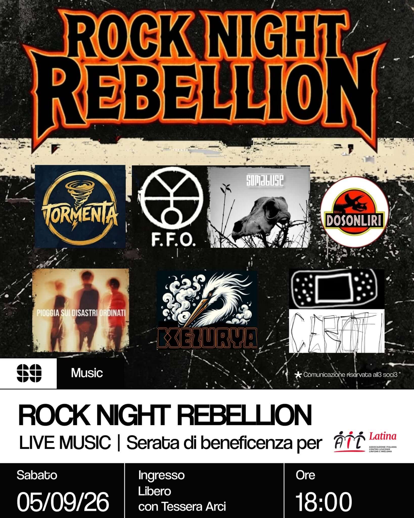 Music Rock Night Rebellion Live music Serata di beneficenza per AIL Latina 5 settembre 2026